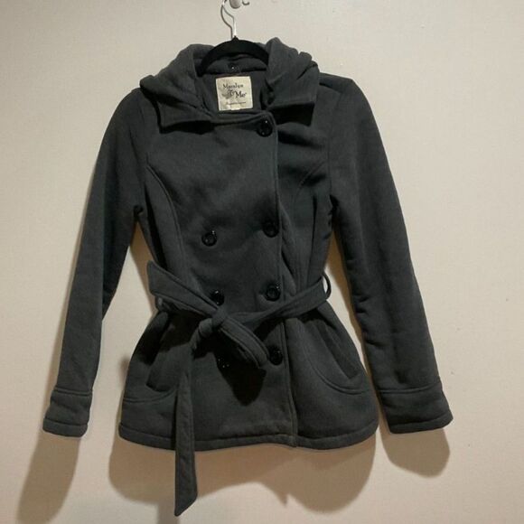 Maralyn & Me Charcoal Gray Hooded Double Breasted Peacoat Coat Belt Size Small - Picture 1 of 12